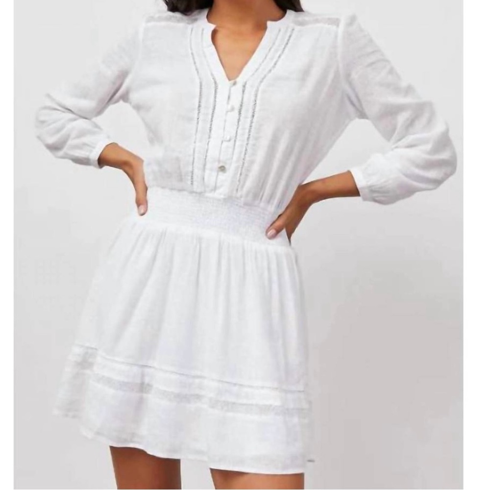 Rails White Long-Sleeve Smocked Waist Mini Dress